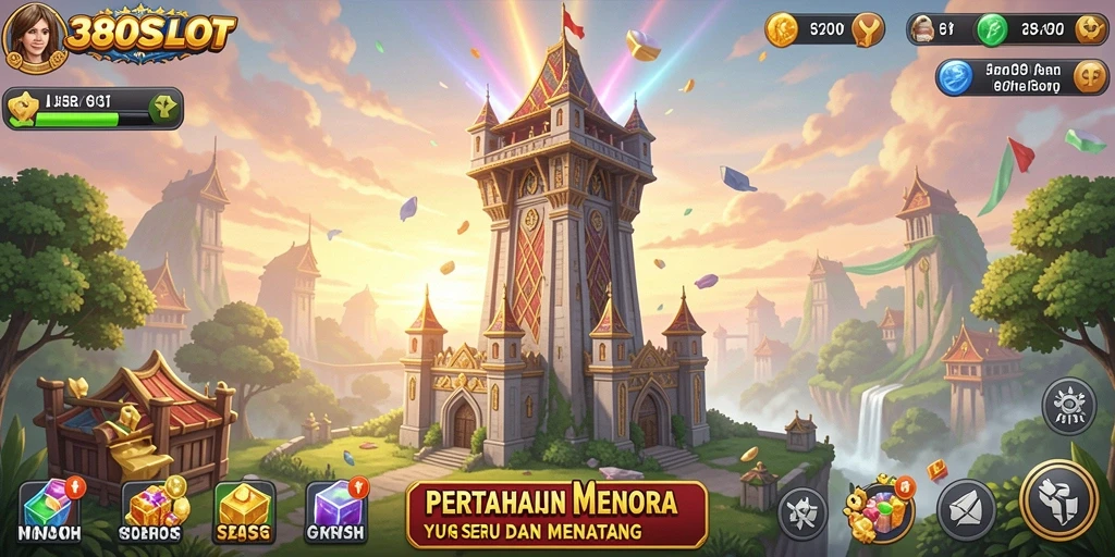 Screenshot gameplay 380SLOT yang menampilkan aksi pertahanan menara.