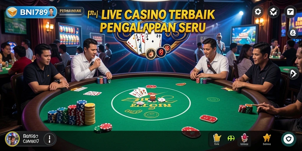 Screenshot menunjukkan dealer langsung dalam permainan Live Casino yang mengasyikkan.