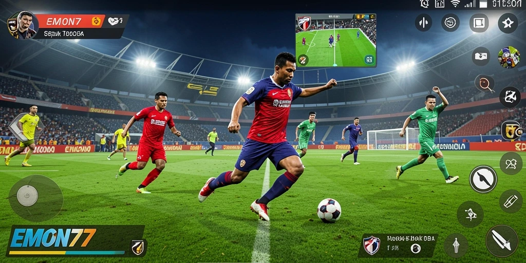 Tampilan gameplay seru dari EMON77 dengan aksi sepak bola mendebarkan.