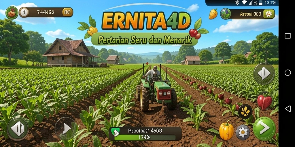 Tangkapan layar gameplay ERNITA4D menunjukkan suasana pertanian yang indah.