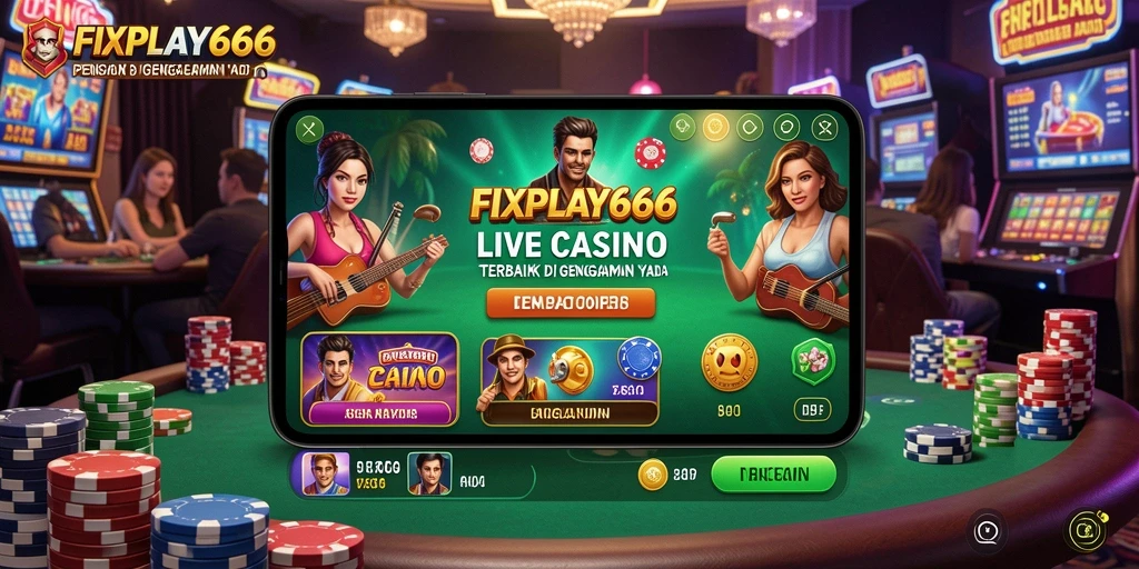 Screenshot menunjukkan gameplay Live Casino FIXPLAY666 dengan dealer langsung dan interaksi pemain.