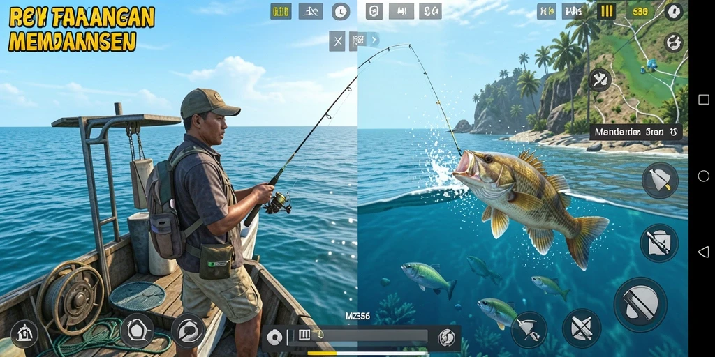 Screenshot MZ356 menampilkan pemain sedang memancing di laut yang indah.