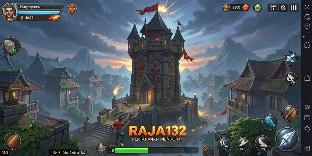 Tampilan gameplay RAJA132 dengan menara menaklukkan musuh.