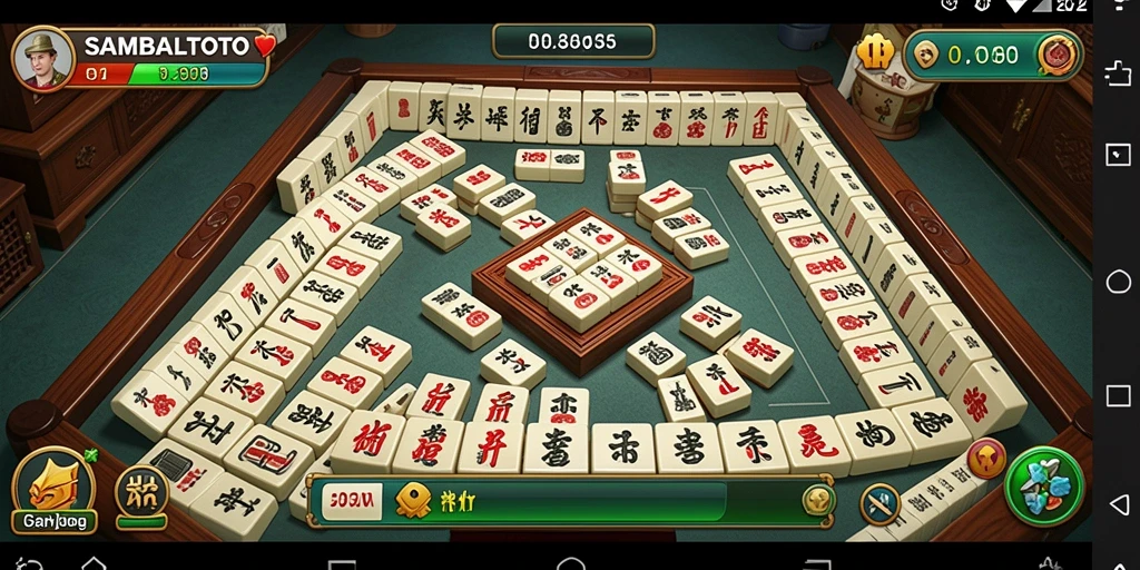 Tampilan utama gameplay SAMBALTOTO dengan kepingan Mahjong yang penuh warna.