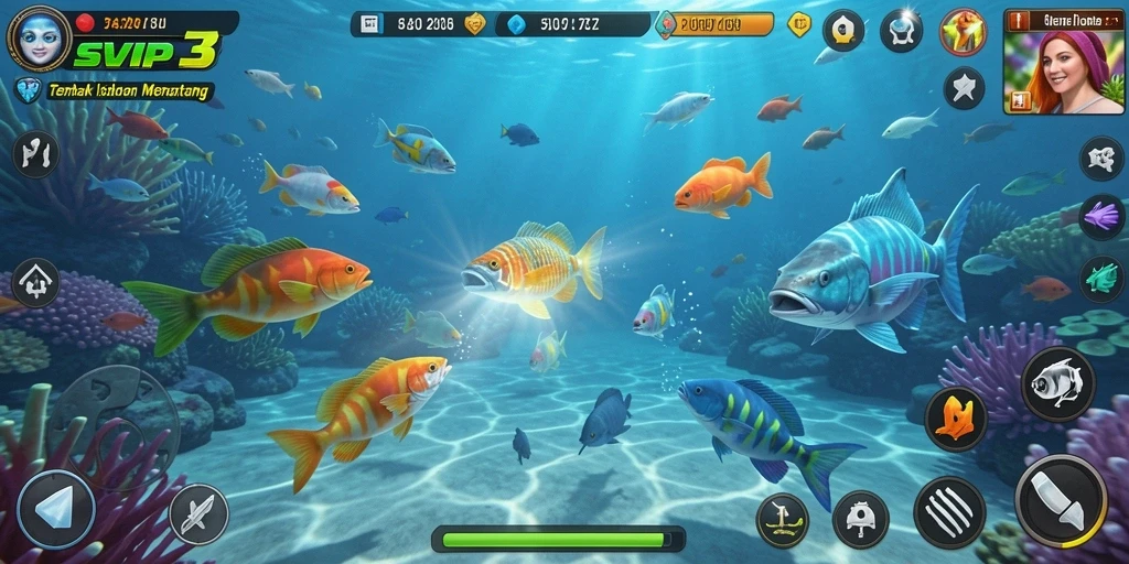 Screenshot gameplay SVIP3 menampilkan adegan menembak ikan yang seru.